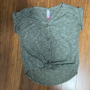 Green knit button down with knot